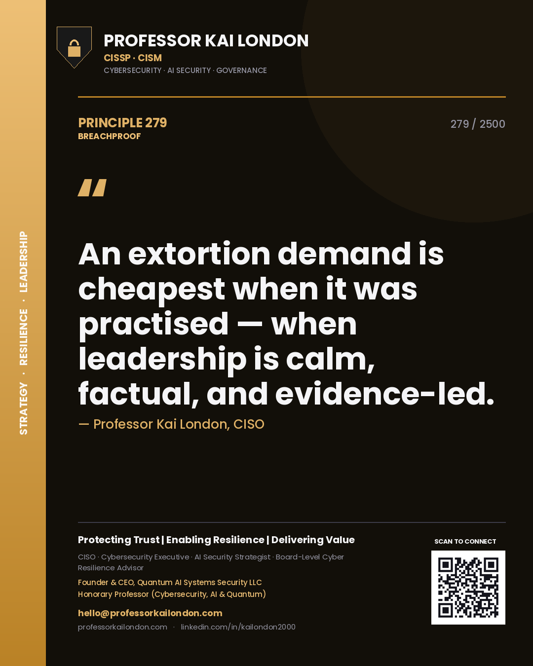 Professor Kai London principle 279: An extortion demand is cheapest when it was practised — when leadership is calm, factual, and evidence-led.