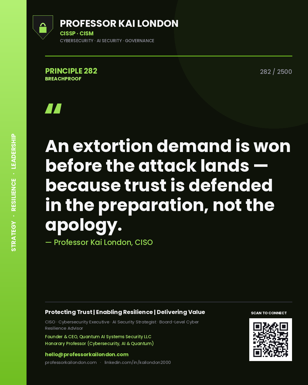 Professor Kai London principle 282: An extortion demand is won before the attack lands — because trust is defended in the preparation, not the apology.