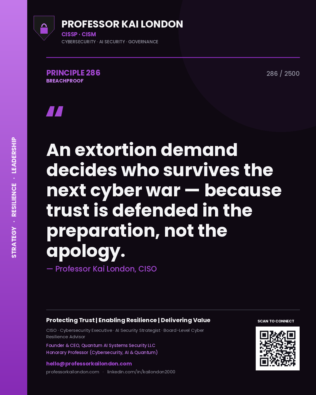 Professor Kai London principle 286: An extortion demand decides who survives the next cyber war — because trust is defended in the preparation, not the apology.