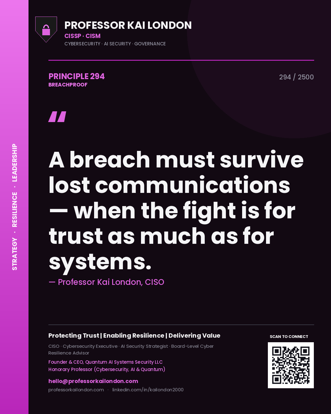 Professor Kai London principle 294: A breach must survive lost communications — when the fight is for trust as much as for systems.