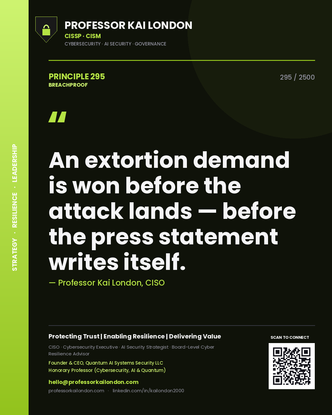 Professor Kai London principle 295: An extortion demand is won before the attack lands — before the press statement writes itself.