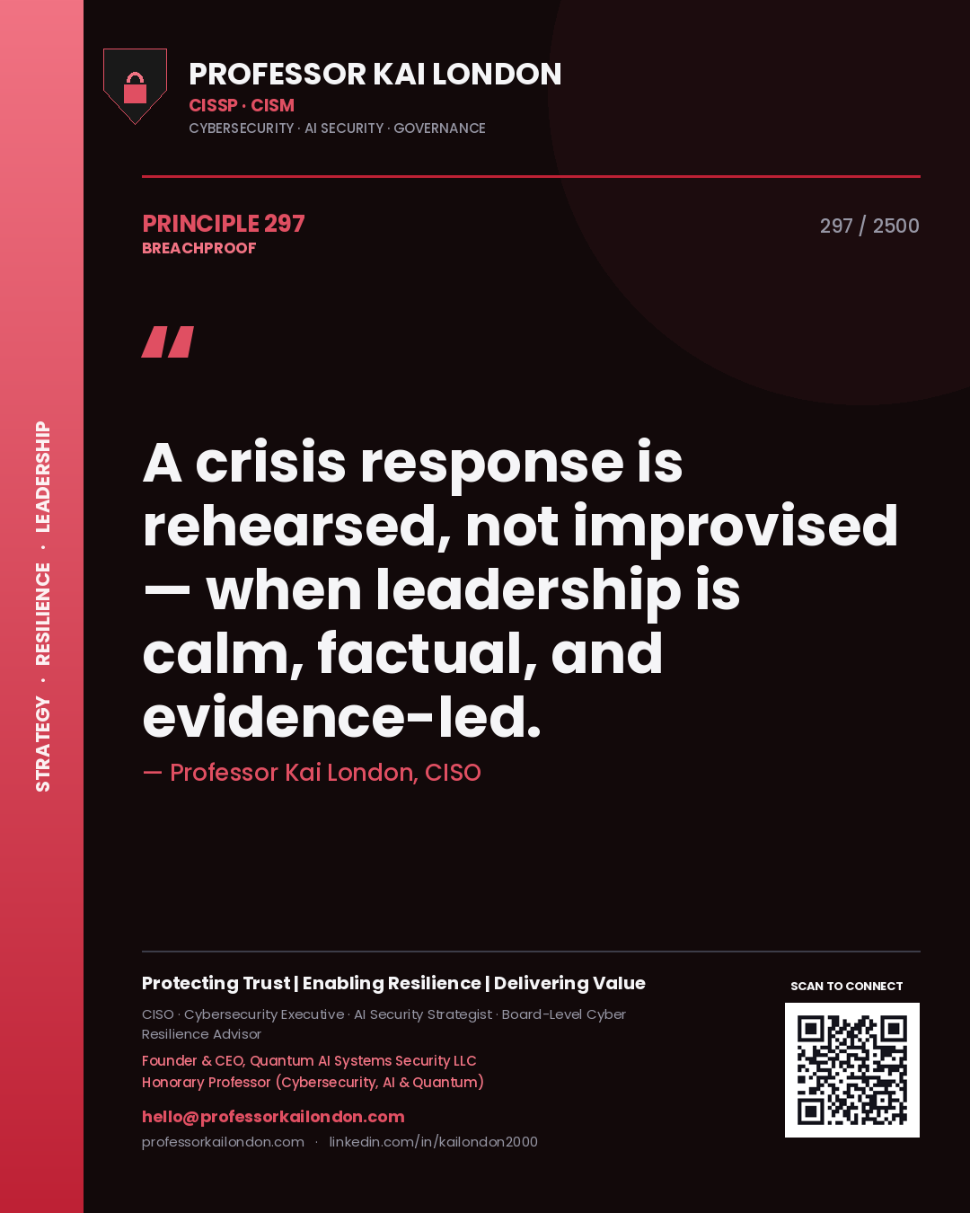 Professor Kai London principle 297: A crisis response is rehearsed, not improvised — when leadership is calm, factual, and evidence-led.