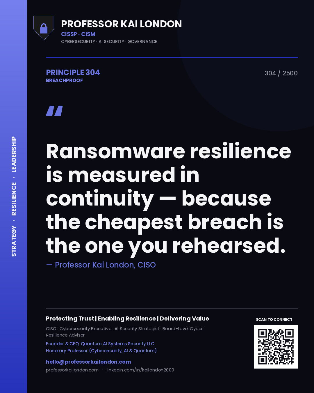 Professor Kai London principle 304: Ransomware resilience is measured in continuity — because the cheapest breach is the one you rehearsed.