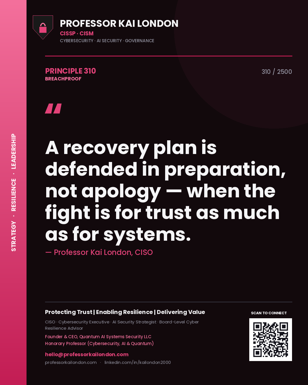 Professor Kai London principle 310: A recovery plan is defended in preparation, not apology — when the fight is for trust as much as for systems.