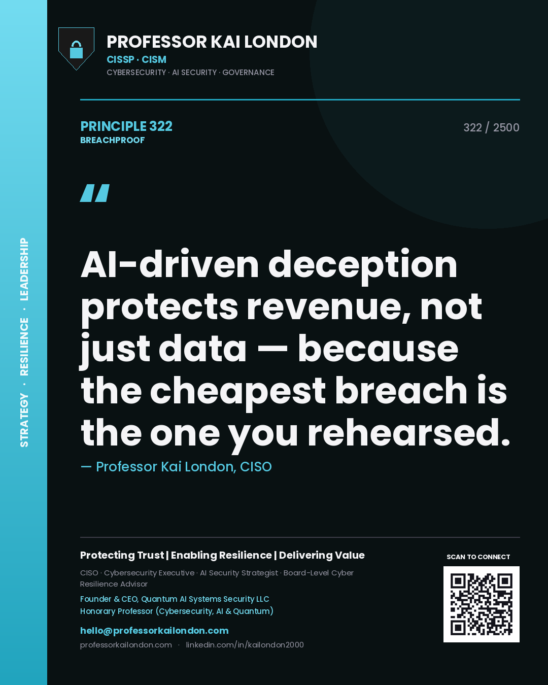 Professor Kai London principle 322: AI-driven deception protects revenue, not just data — because the cheapest breach is the one you rehearsed.