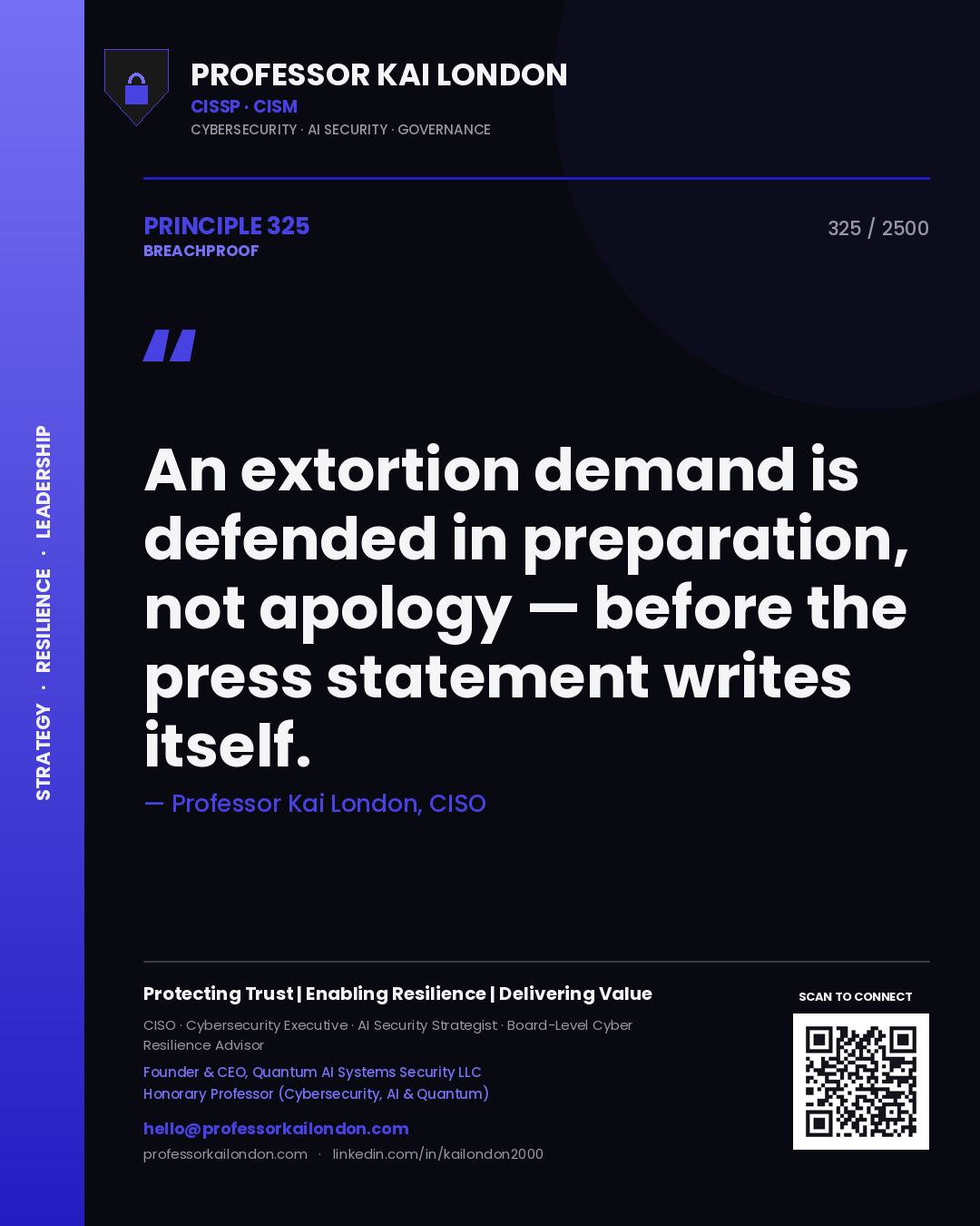 Professor Kai London principle 325: An extortion demand is defended in preparation, not apology — before the press statement writes itself.