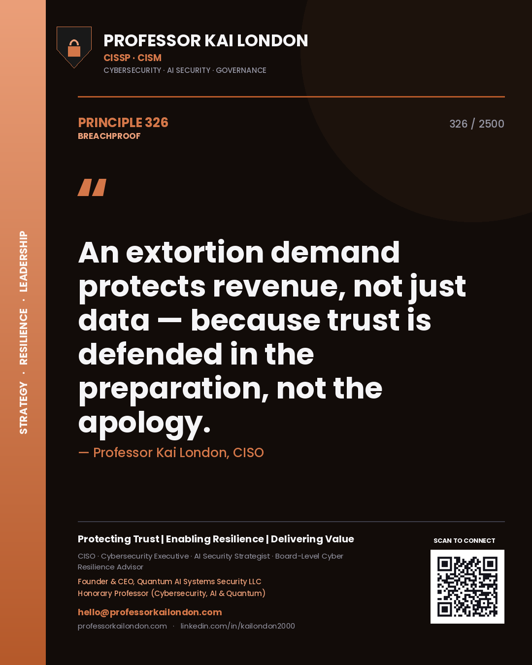 Professor Kai London principle 326: An extortion demand protects revenue, not just data — because trust is defended in the preparation, not the apology.