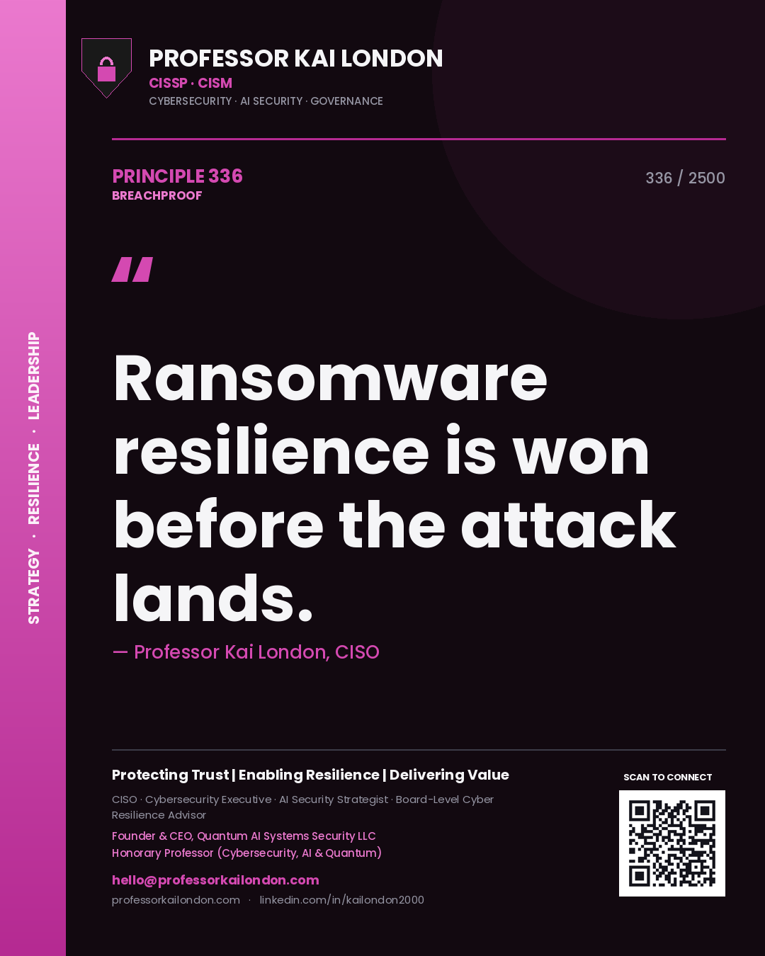 Professor Kai London principle 336: Ransomware resilience is won before the attack lands.