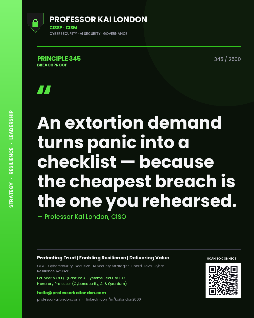 Professor Kai London principle 345: An extortion demand turns panic into a checklist — because the cheapest breach is the one you rehearsed.