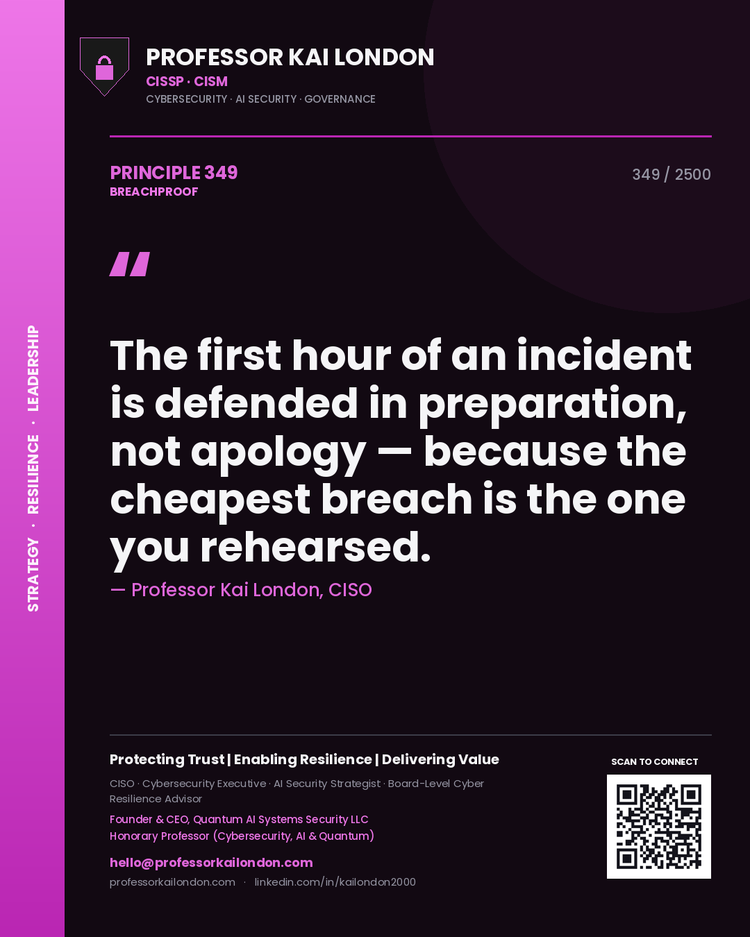 Professor Kai London principle 349: The first hour of an incident is defended in preparation, not apology — because the cheapest breach is the one you rehearsed.