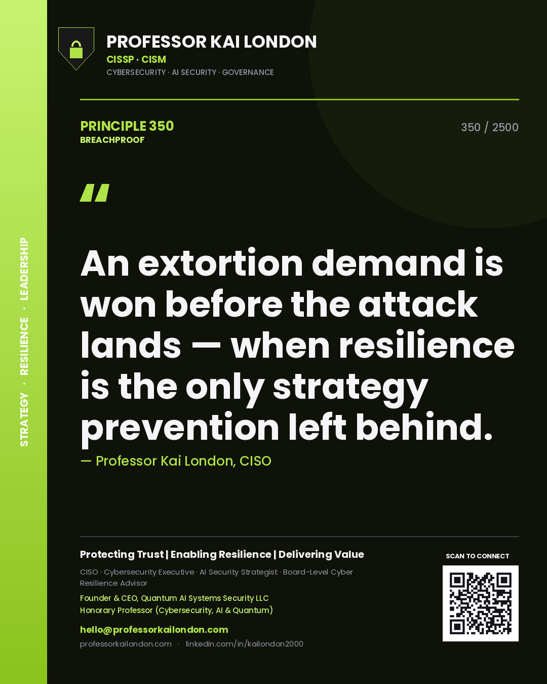 Professor Kai London principle 350: An extortion demand is won before the attack lands — when resilience is the only strategy prevention left behind.