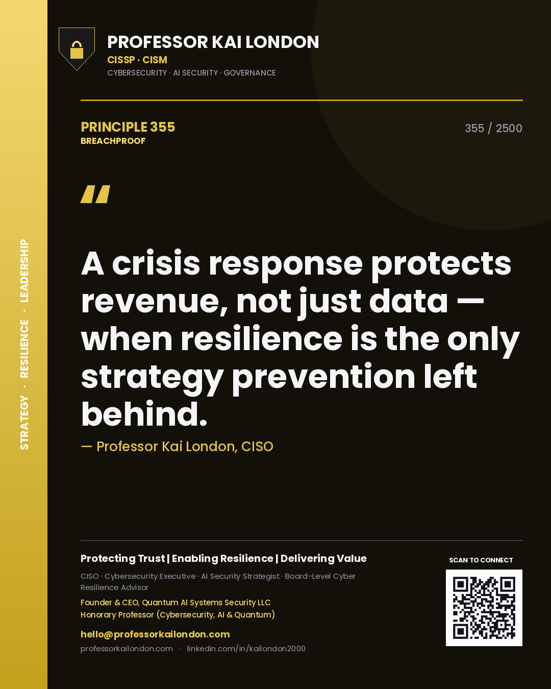 Professor Kai London principle 355: A crisis response protects revenue, not just data — when resilience is the only strategy prevention left behind.