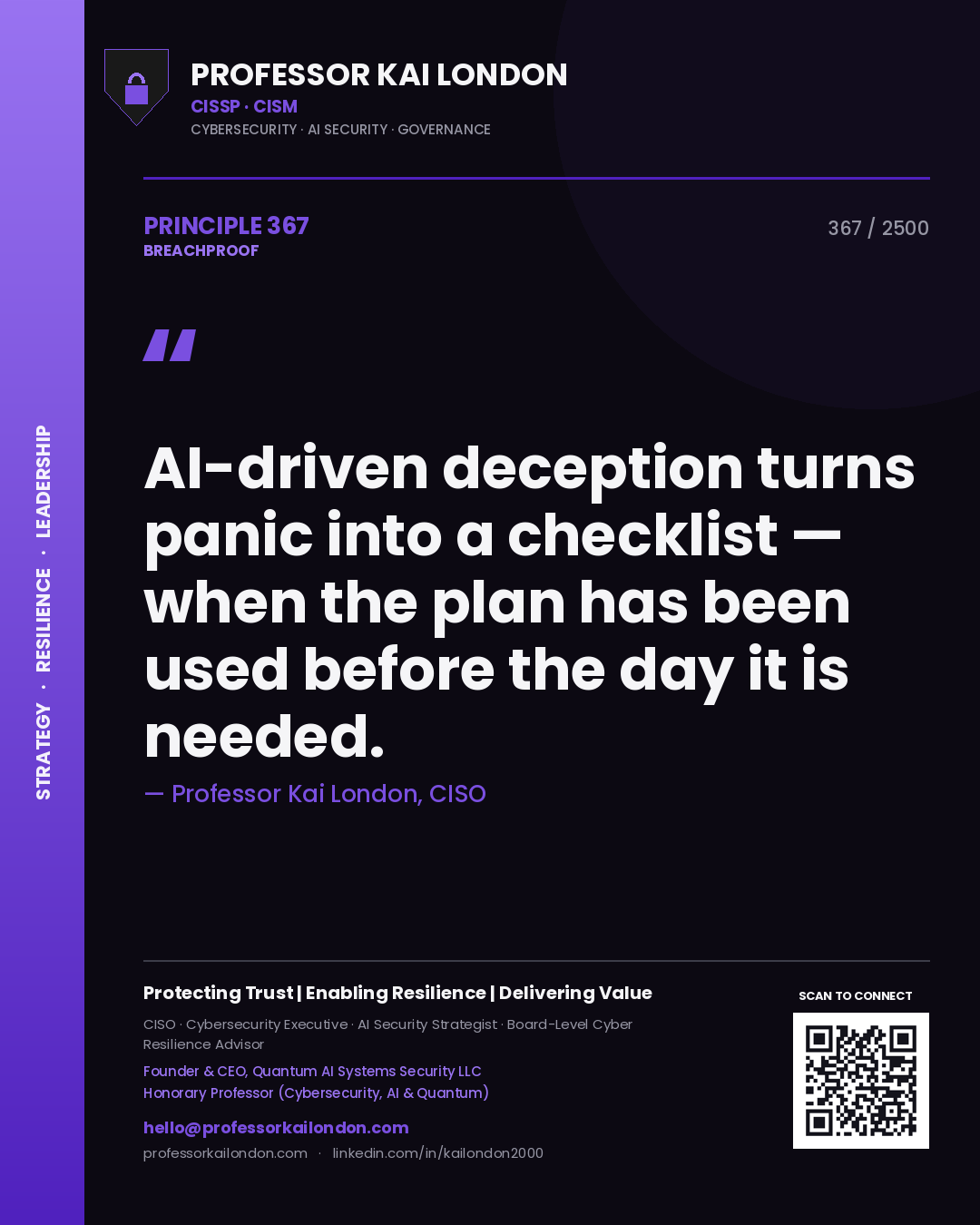 Professor Kai London principle 367: AI-driven deception turns panic into a checklist — when the plan has been used before the day it is needed.