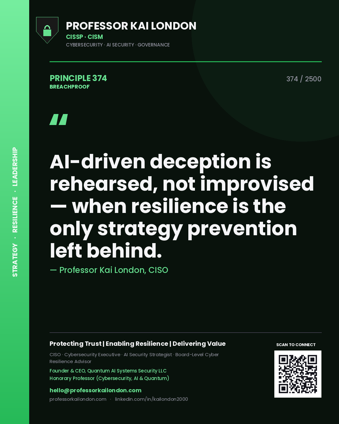 Professor Kai London principle 374: AI-driven deception is rehearsed, not improvised — when resilience is the only strategy prevention left behind.