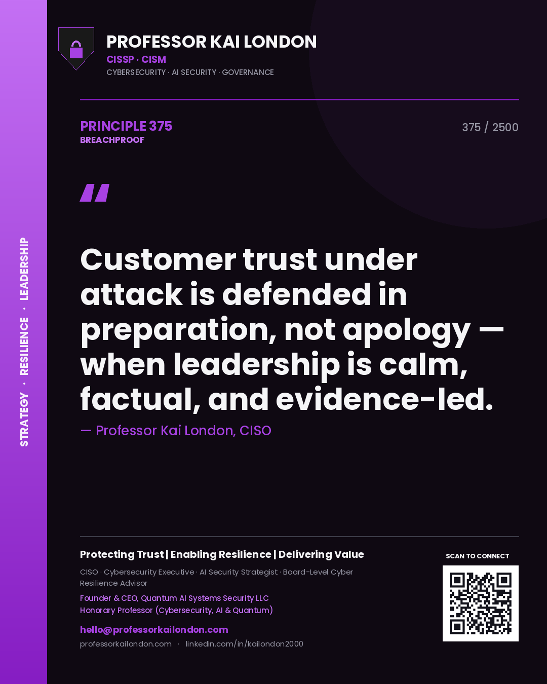 Professor Kai London principle 375: Customer trust under attack is defended in preparation, not apology — when leadership is calm, factual, and evidence-led.