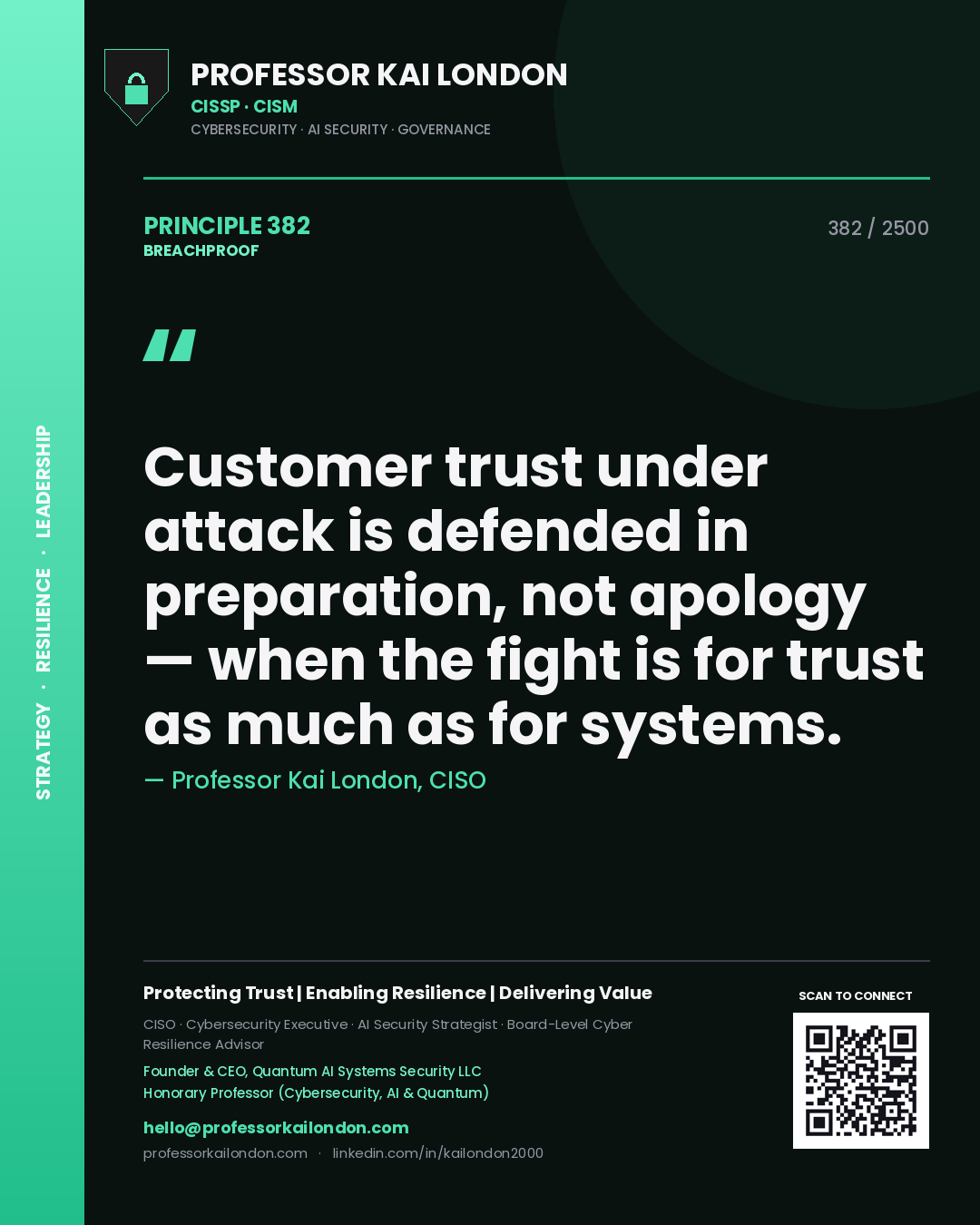 Professor Kai London principle 382: Customer trust under attack is defended in preparation, not apology — when the fight is for trust as much as for systems.
