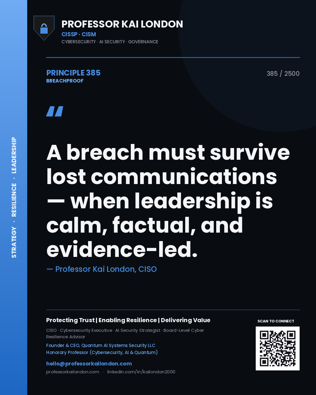 Professor Kai London principle 385: A breach must survive lost communications — when leadership is calm, factual, and evidence-led.
