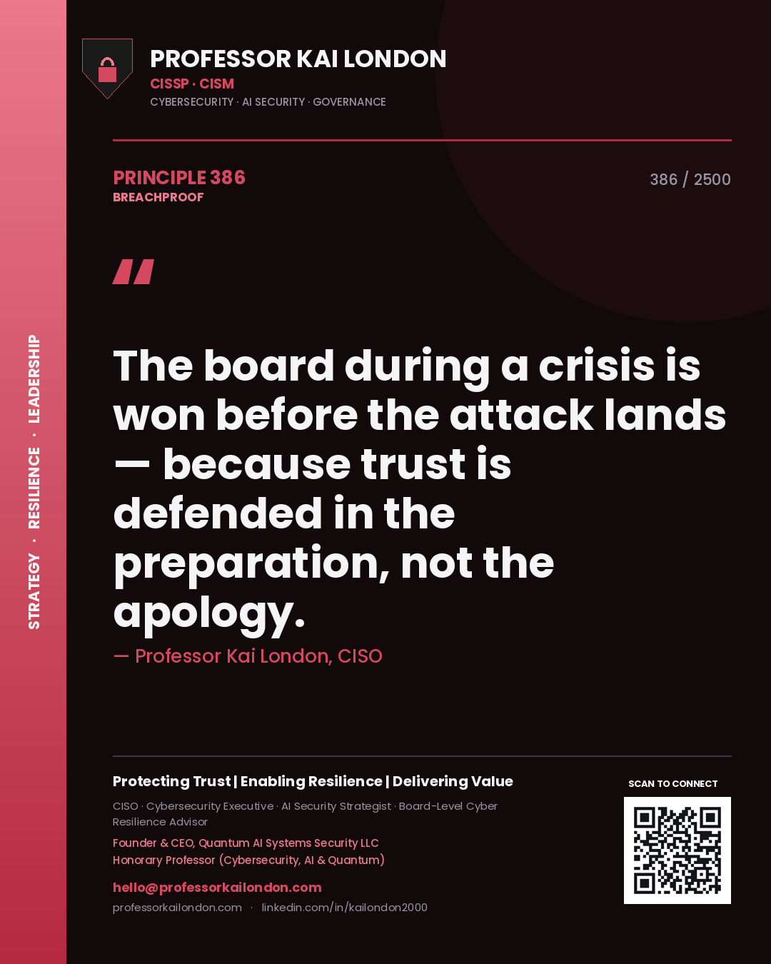 Professor Kai London principle 386: The board during a crisis is won before the attack lands — because trust is defended in the preparation, not the apology.