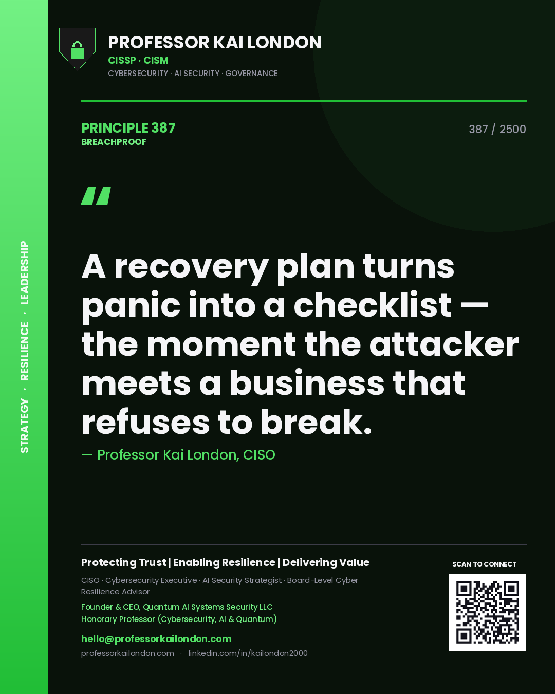 Professor Kai London principle 387: A recovery plan turns panic into a checklist — the moment the attacker meets a business that refuses to break.