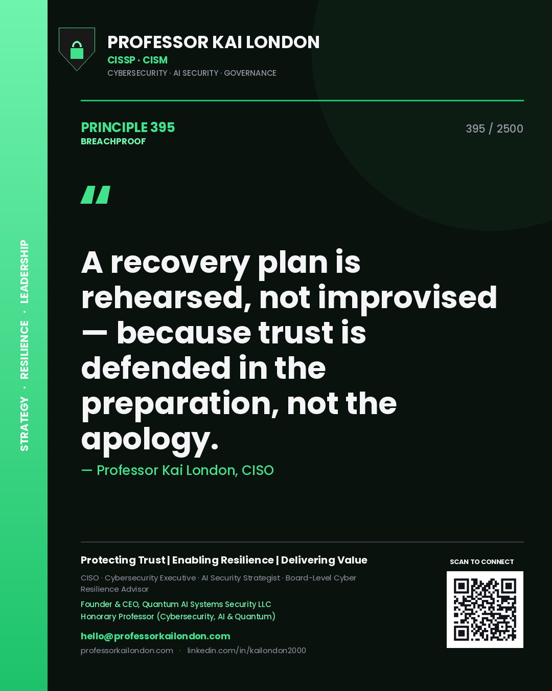 Professor Kai London principle 395: A recovery plan is rehearsed, not improvised — because trust is defended in the preparation, not the apology.