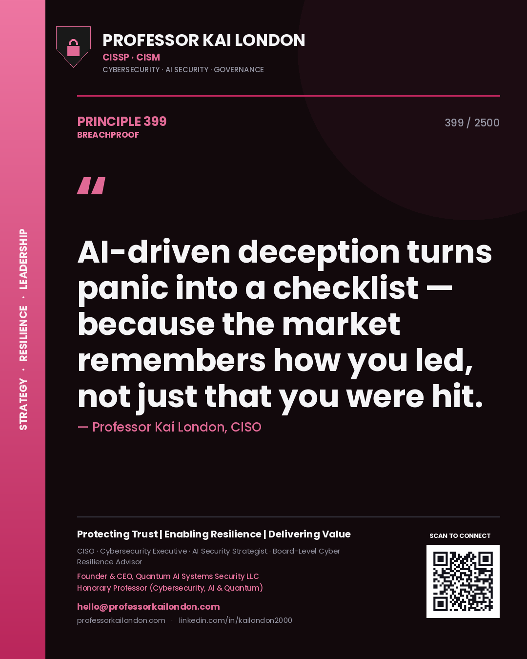 Professor Kai London principle 399: AI-driven deception turns panic into a checklist — because the market remembers how you led, not just that you were hit.