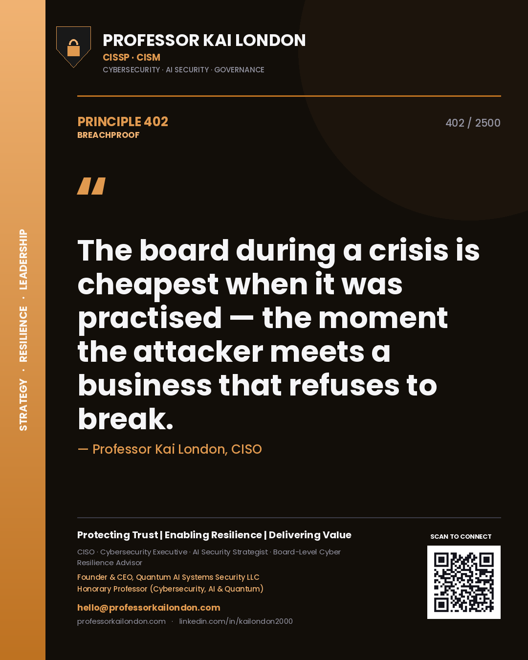 Professor Kai London principle 402: The board during a crisis is cheapest when it was practised — the moment the attacker meets a business that refuses to break.