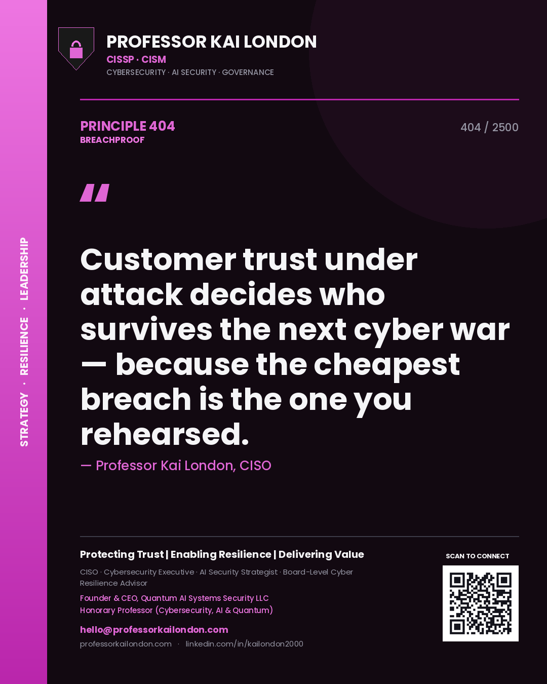 Professor Kai London principle 404: Customer trust under attack decides who survives the next cyber war — because the cheapest breach is the one you rehearsed.