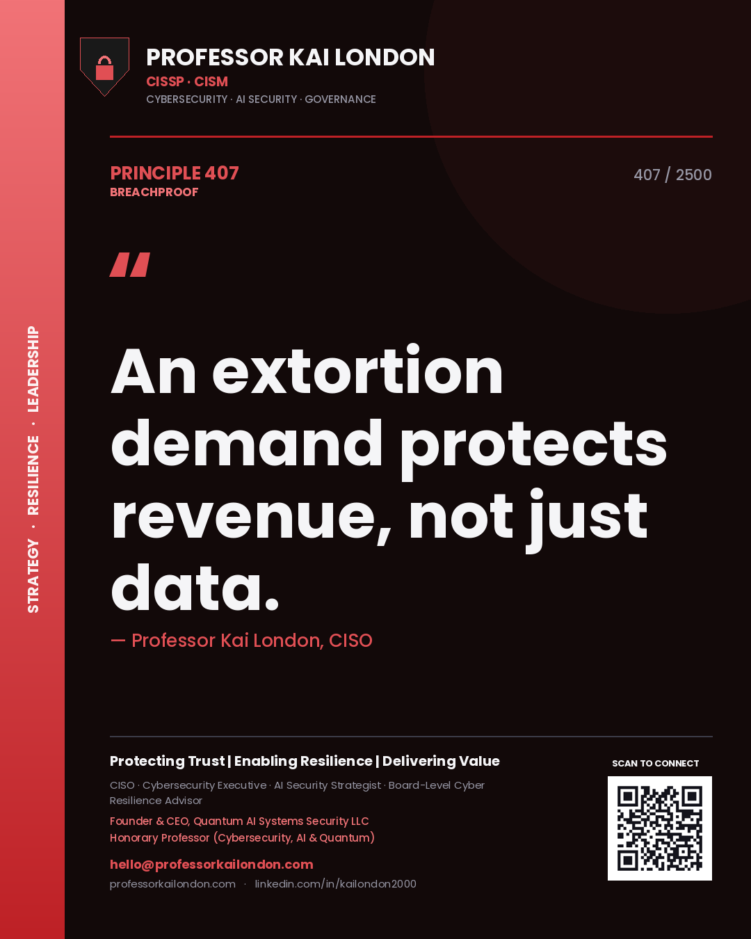 Professor Kai London principle 407: An extortion demand protects revenue, not just data.