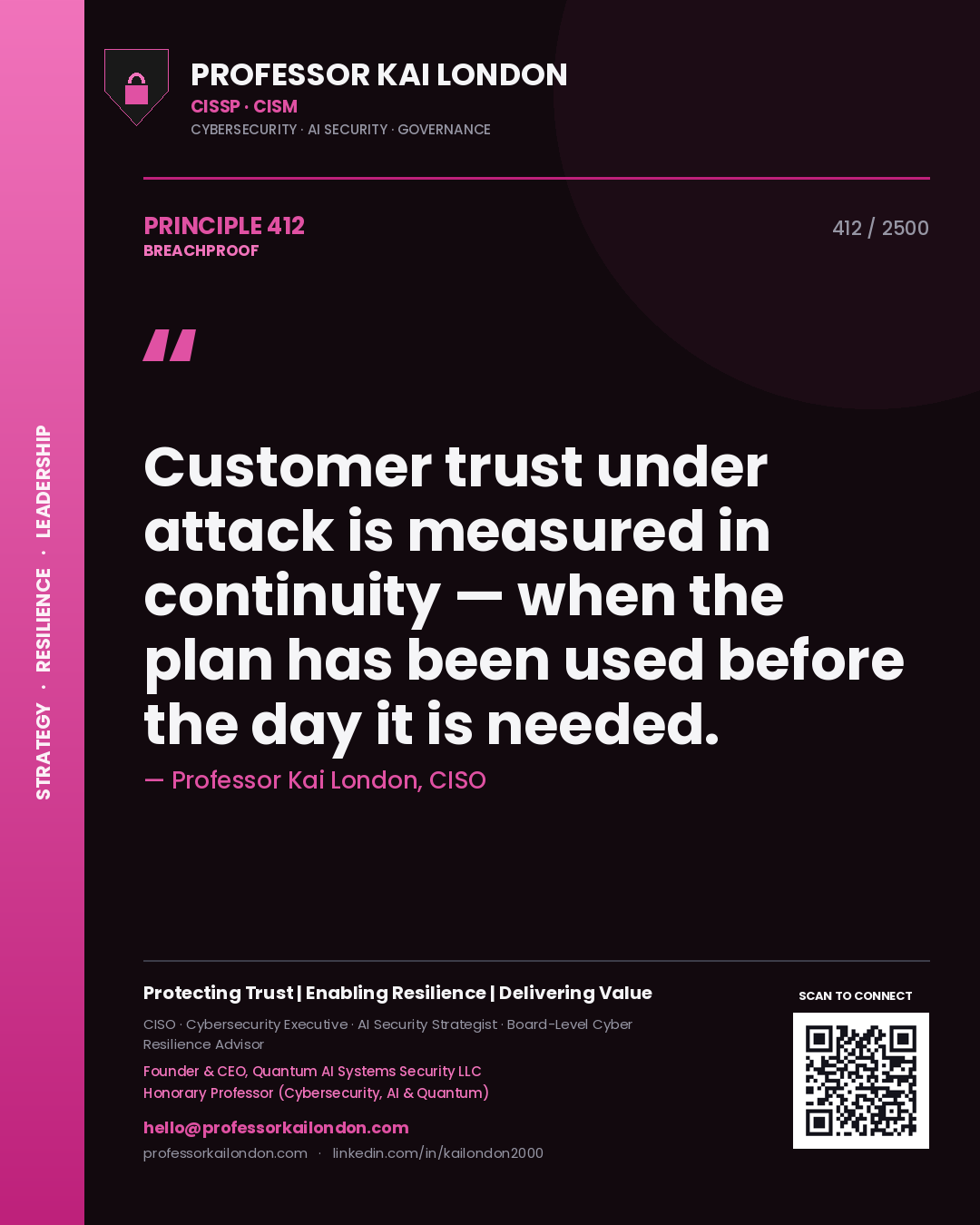 Professor Kai London principle 412: Customer trust under attack is measured in continuity — when the plan has been used before the day it is needed.