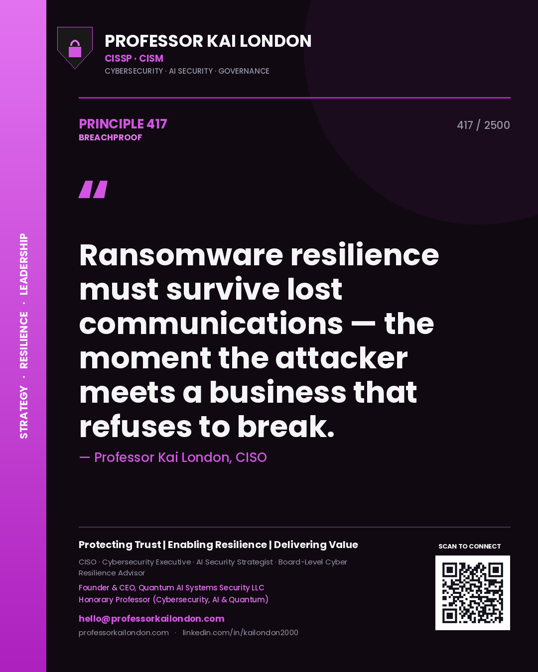 Professor Kai London principle 417: Ransomware resilience must survive lost communications — the moment the attacker meets a business that refuses to break.