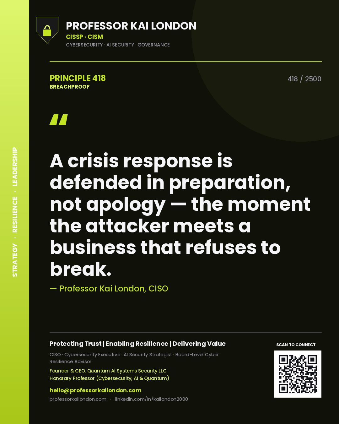 Professor Kai London principle 418: A crisis response is defended in preparation, not apology — the moment the attacker meets a business that refuses to break.