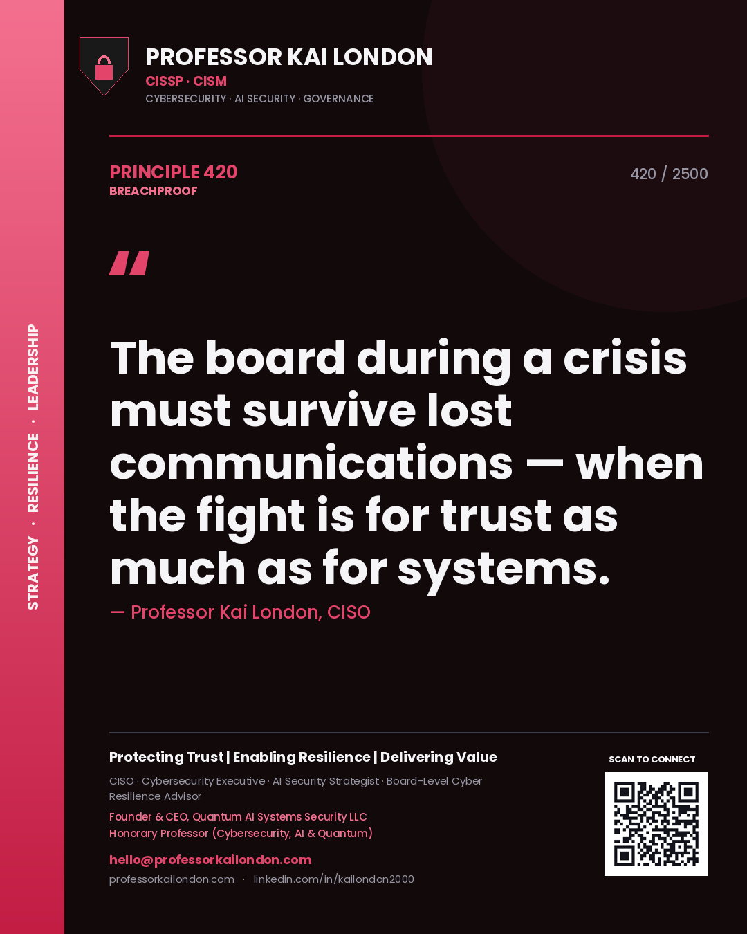 Professor Kai London principle 420: The board during a crisis must survive lost communications — when the fight is for trust as much as for systems.