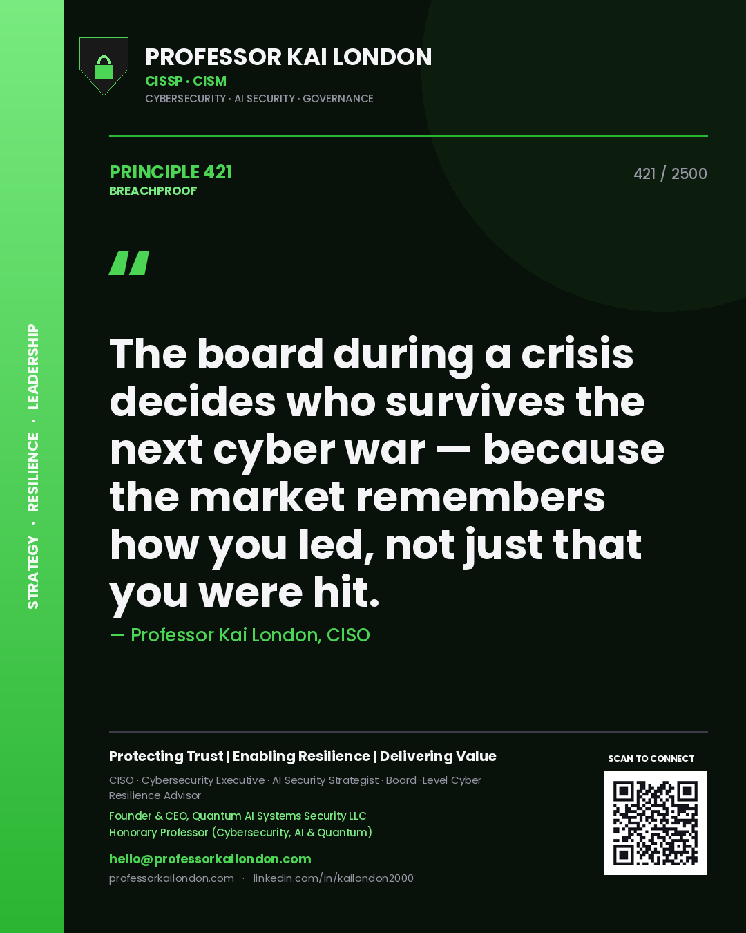 Professor Kai London principle 421: The board during a crisis decides who survives the next cyber war — because the market remembers how you led, not just that you were hit.