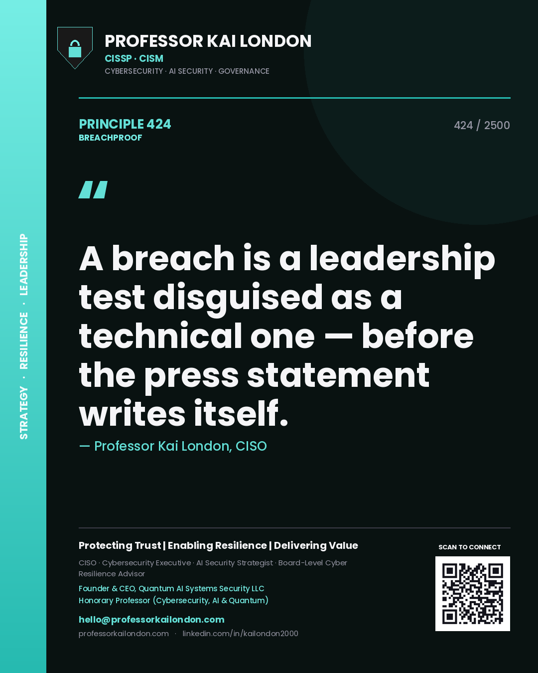 Professor Kai London principle 424: A breach is a leadership test disguised as a technical one — before the press statement writes itself.