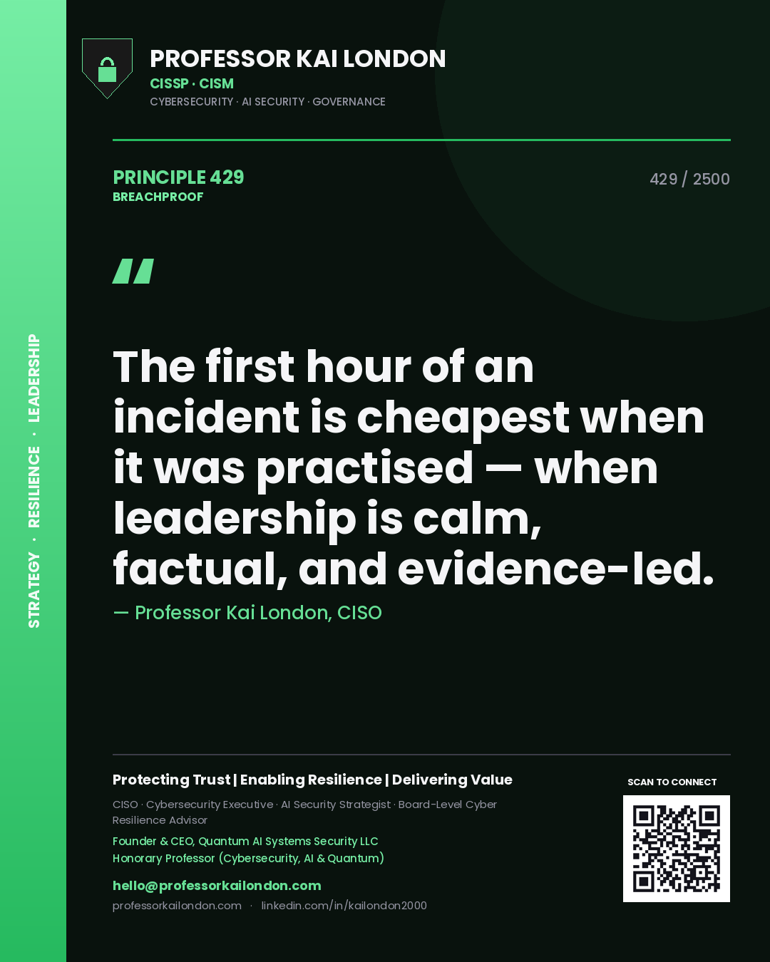 Professor Kai London principle 429: The first hour of an incident is cheapest when it was practised — when leadership is calm, factual, and evidence-led.