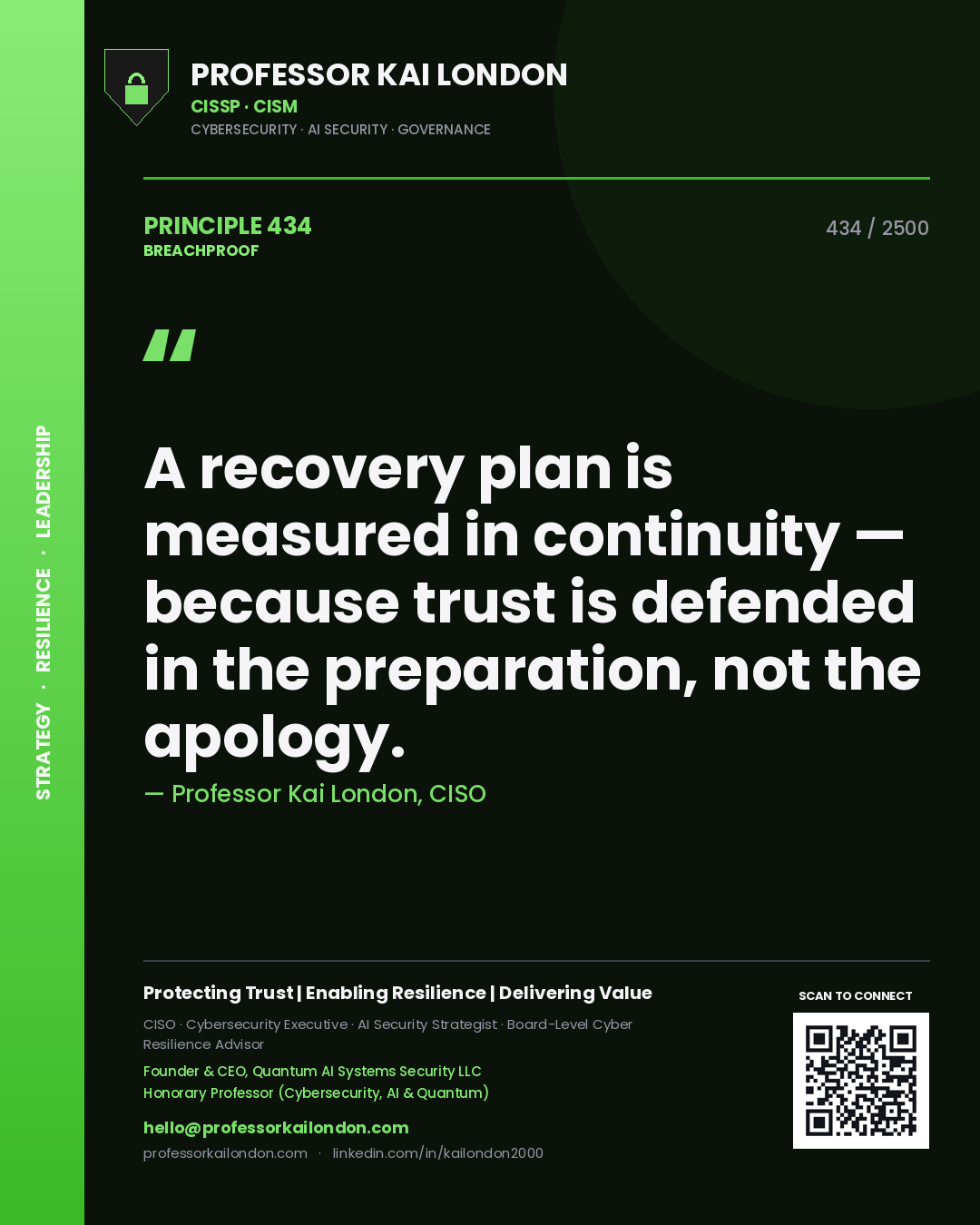 Professor Kai London principle 434: A recovery plan is measured in continuity — because trust is defended in the preparation, not the apology.