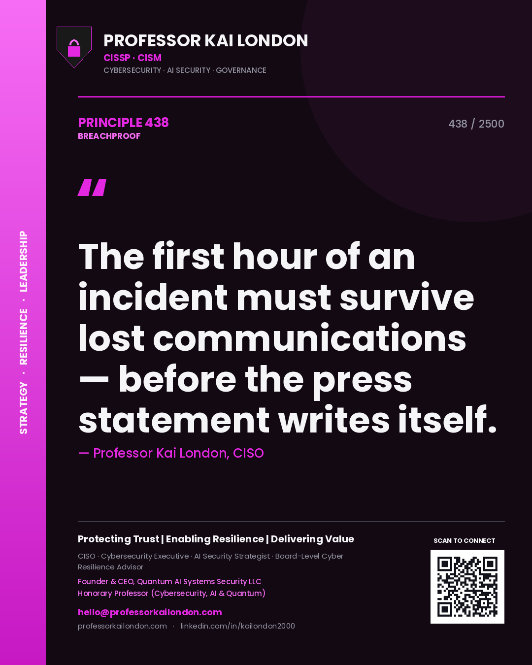 Professor Kai London principle 438: The first hour of an incident must survive lost communications — before the press statement writes itself.