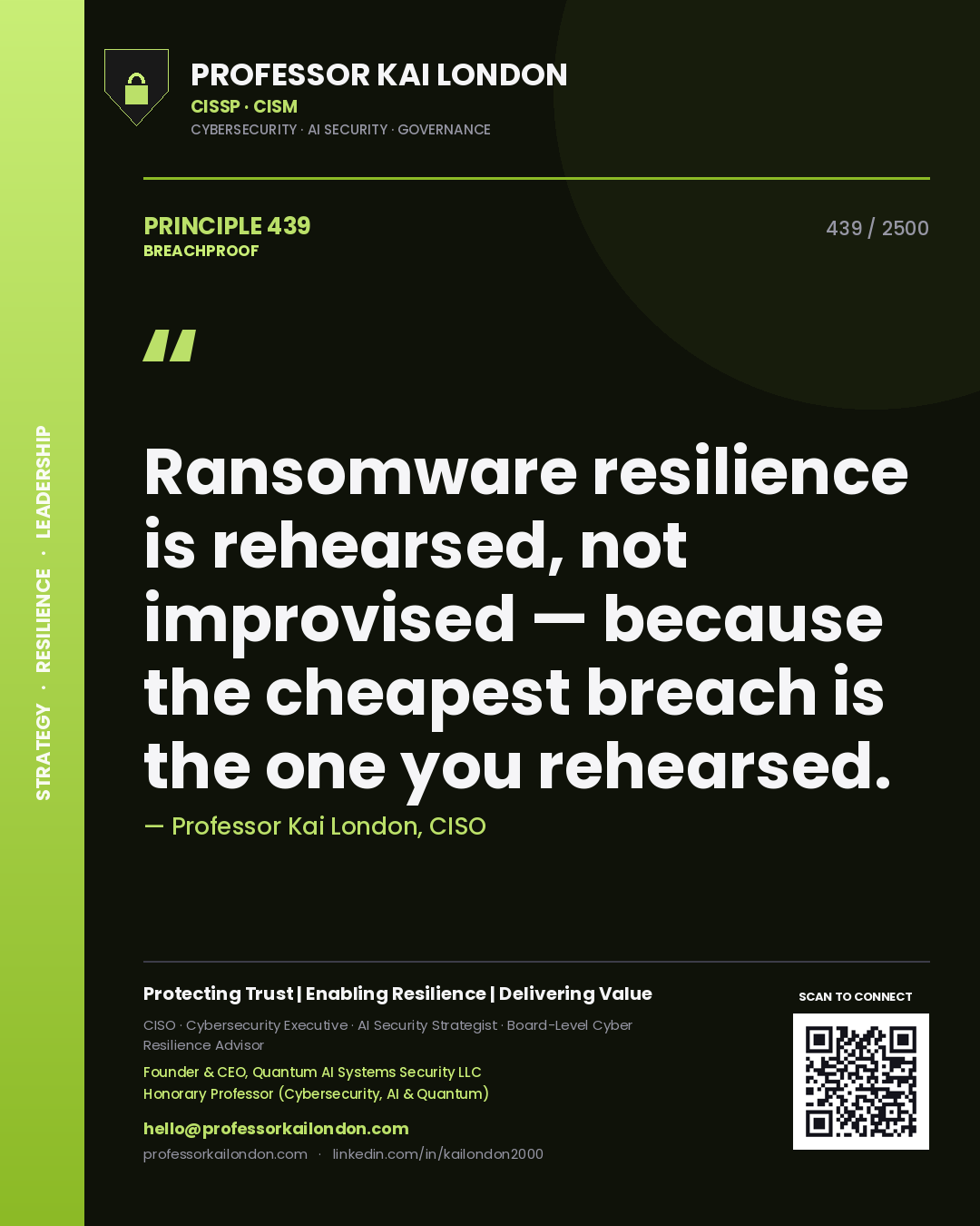 Professor Kai London principle 439: Ransomware resilience is rehearsed, not improvised — because the cheapest breach is the one you rehearsed.