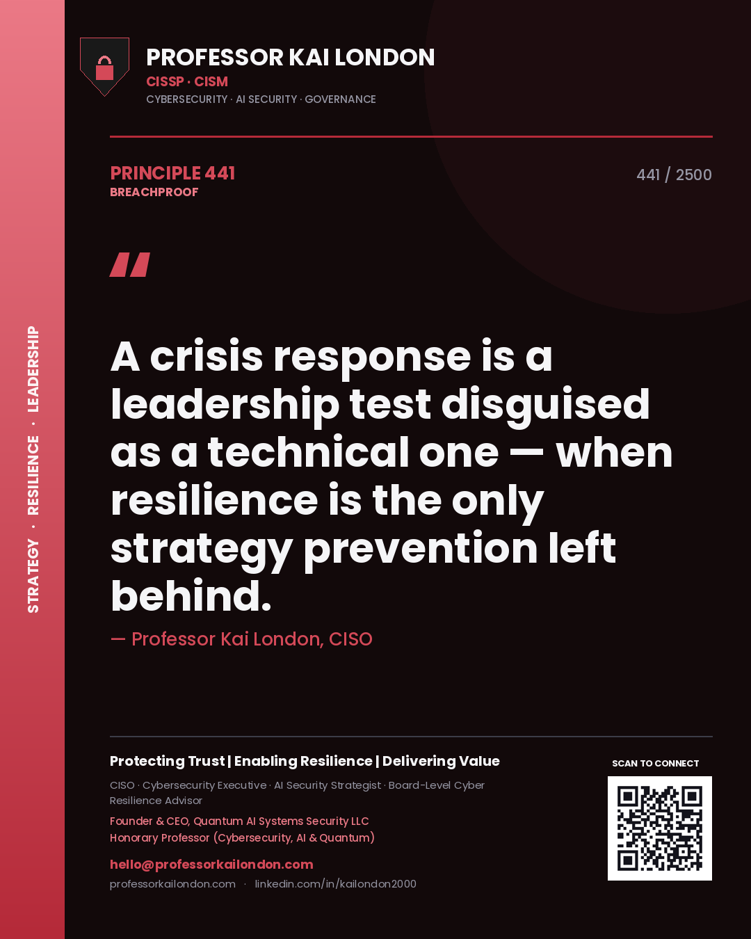 Professor Kai London principle 441: A crisis response is a leadership test disguised as a technical one — when resilience is the only strategy prevention left behind.