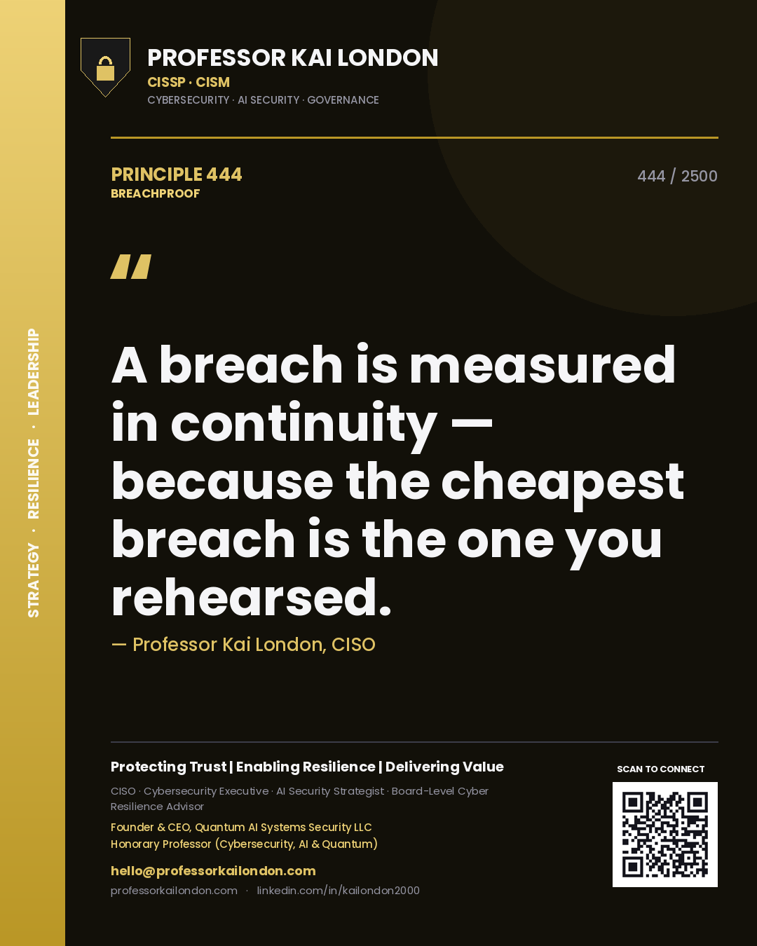 Professor Kai London principle 444: A breach is measured in continuity — because the cheapest breach is the one you rehearsed.