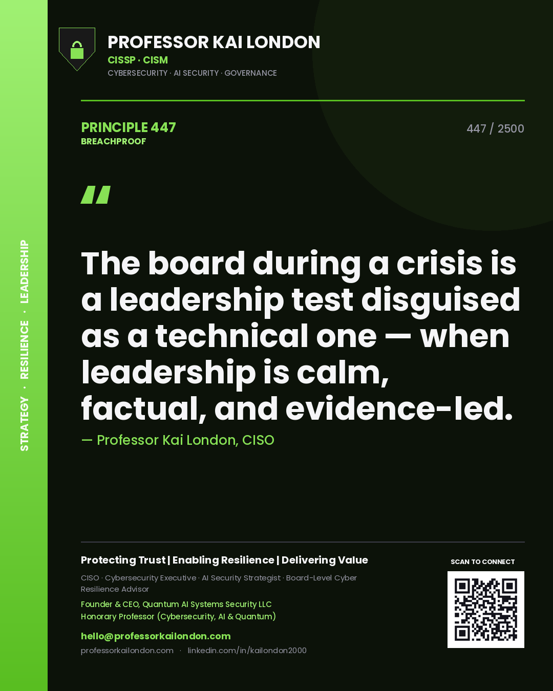 Professor Kai London principle 447: The board during a crisis is a leadership test disguised as a technical one — when leadership is calm, factual, and evidence-led.