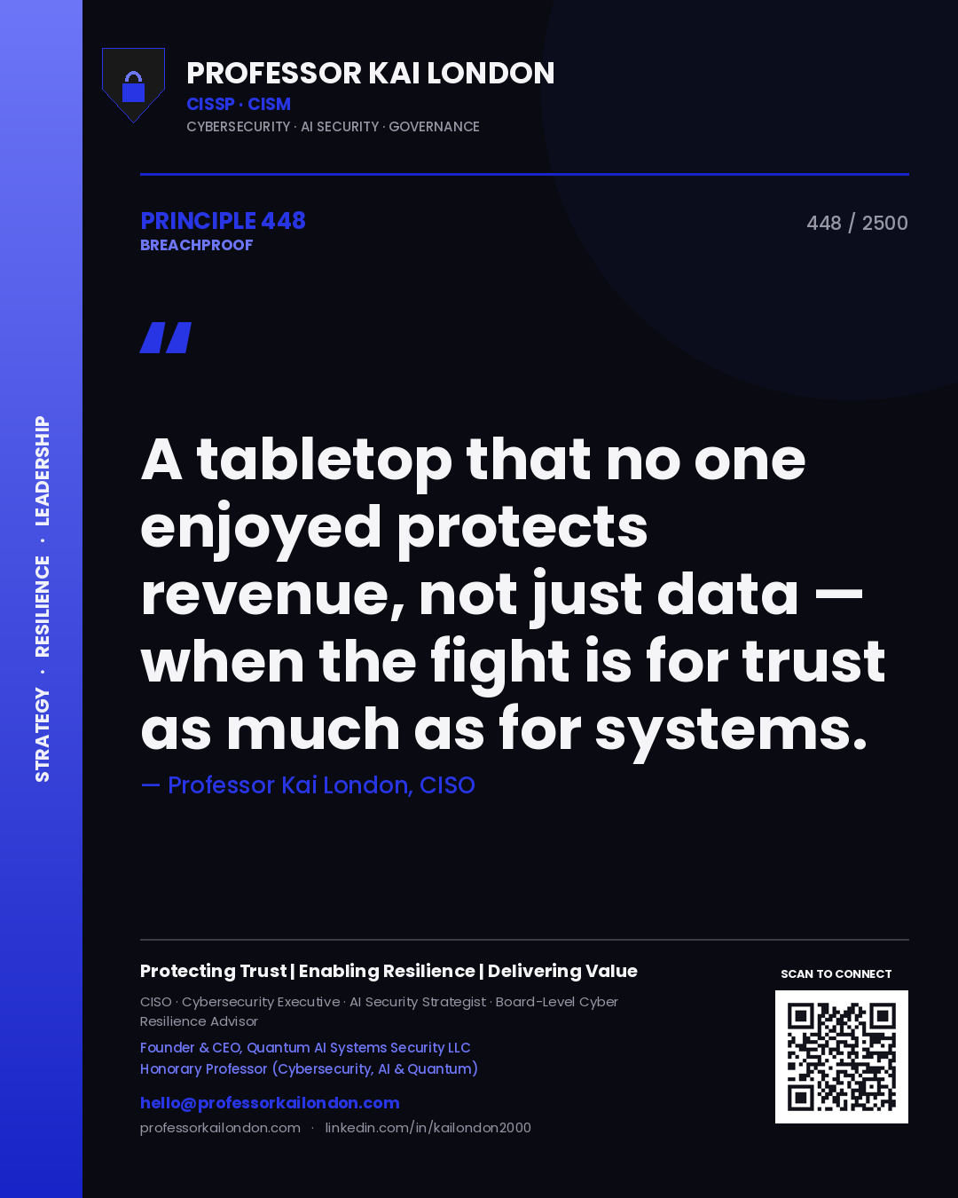 Professor Kai London principle 448: A tabletop that no one enjoyed protects revenue, not just data — when the fight is for trust as much as for systems.