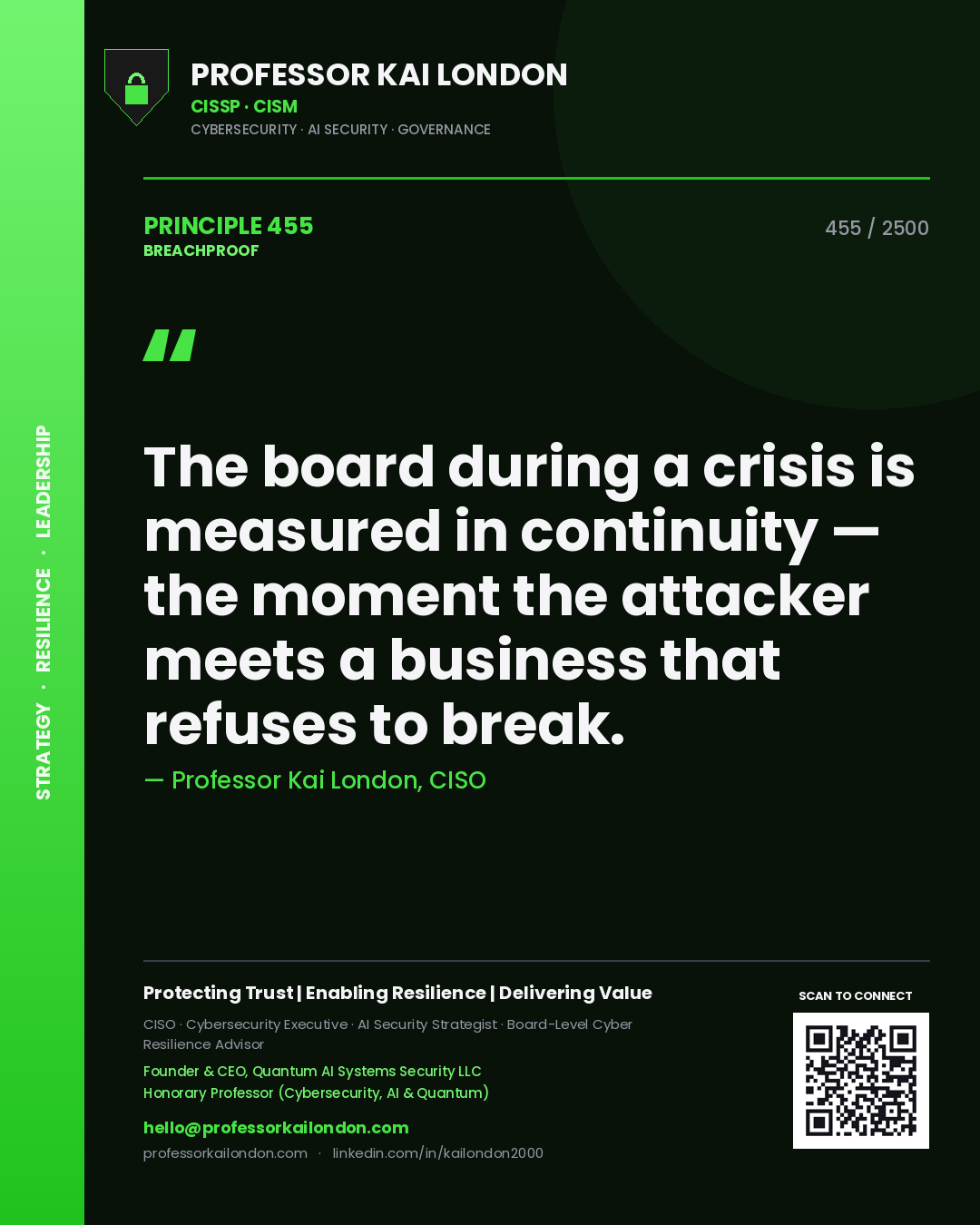 Professor Kai London principle 455: The board during a crisis is measured in continuity — the moment the attacker meets a business that refuses to break.
