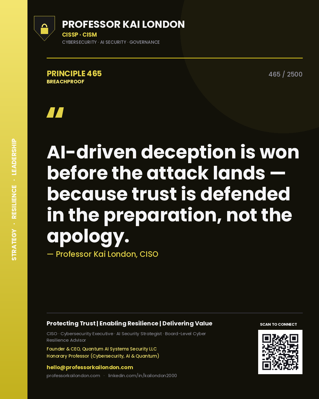 Professor Kai London principle 465: AI-driven deception is won before the attack lands — because trust is defended in the preparation, not the apology.