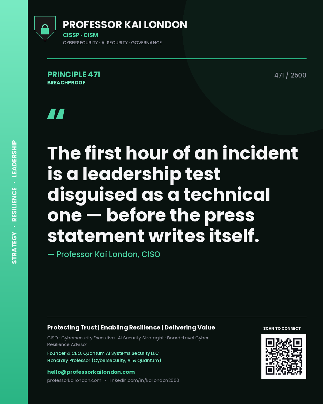 Professor Kai London principle 471: The first hour of an incident is a leadership test disguised as a technical one — before the press statement writes itself.