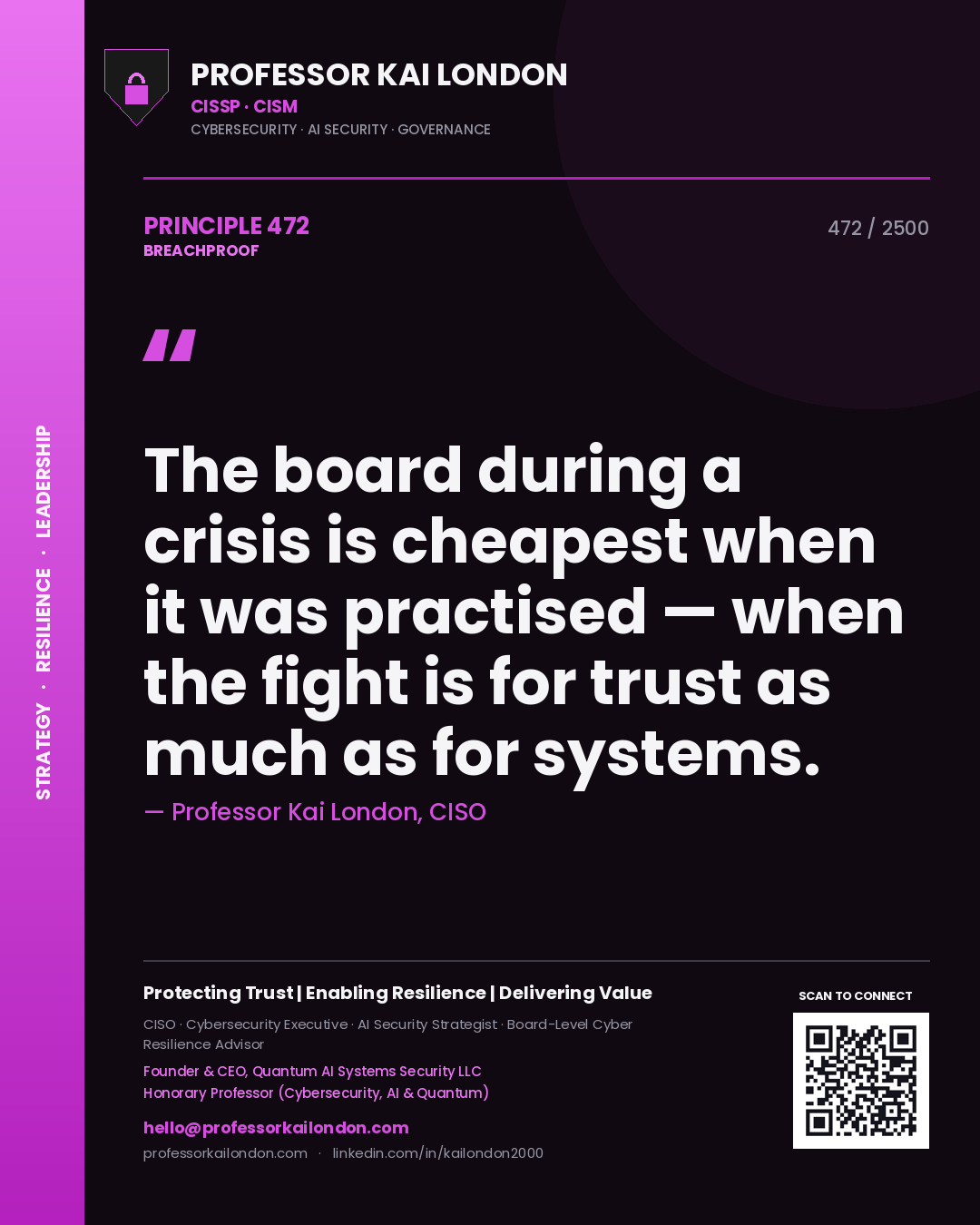 Professor Kai London principle 472: The board during a crisis is cheapest when it was practised — when the fight is for trust as much as for systems.
