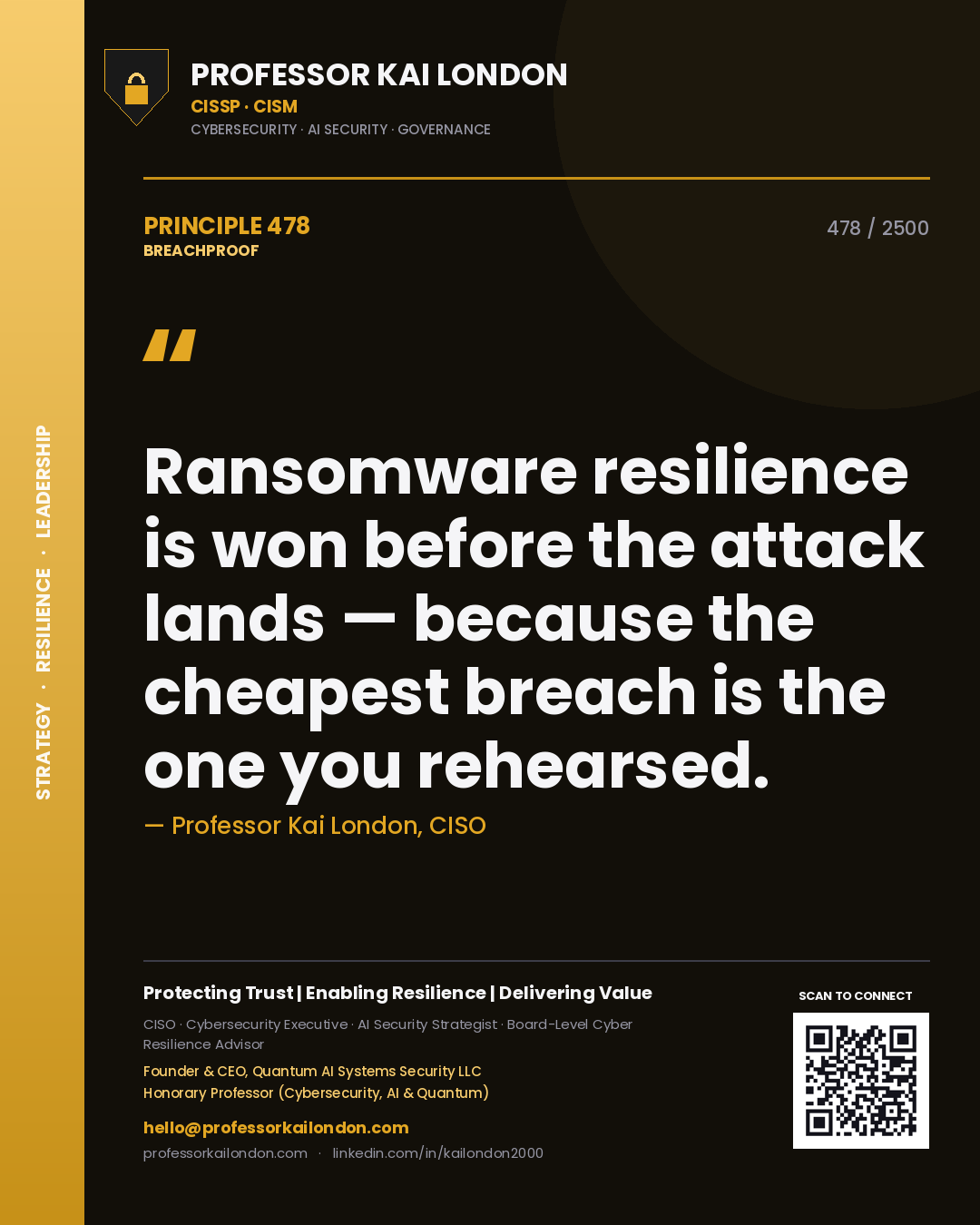 Professor Kai London principle 478: Ransomware resilience is won before the attack lands — because the cheapest breach is the one you rehearsed.