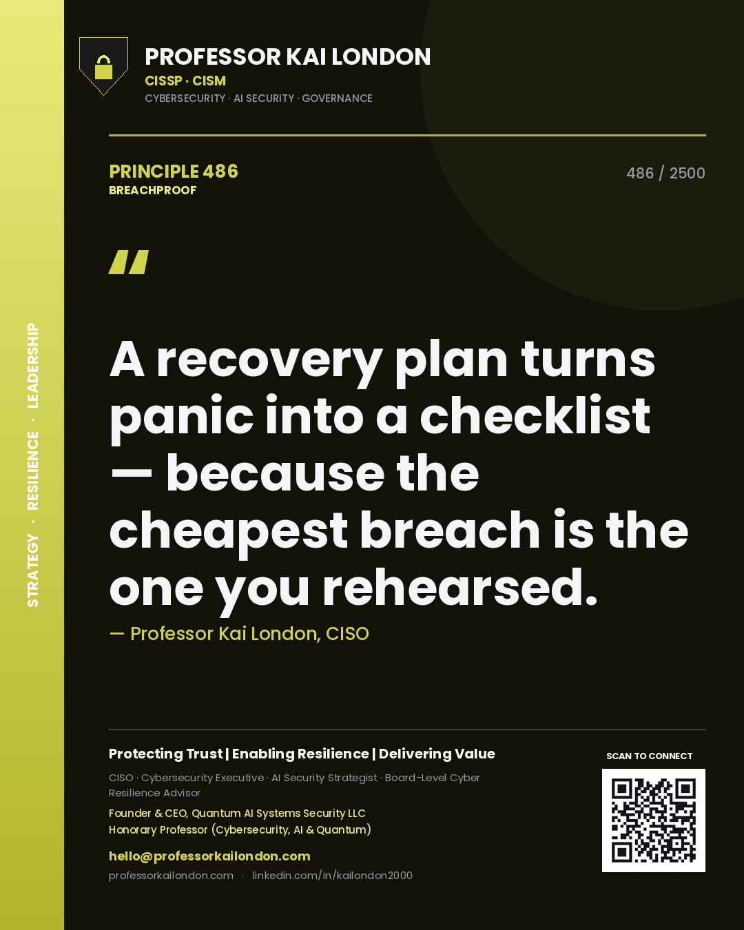 Professor Kai London principle 486: A recovery plan turns panic into a checklist — because the cheapest breach is the one you rehearsed.