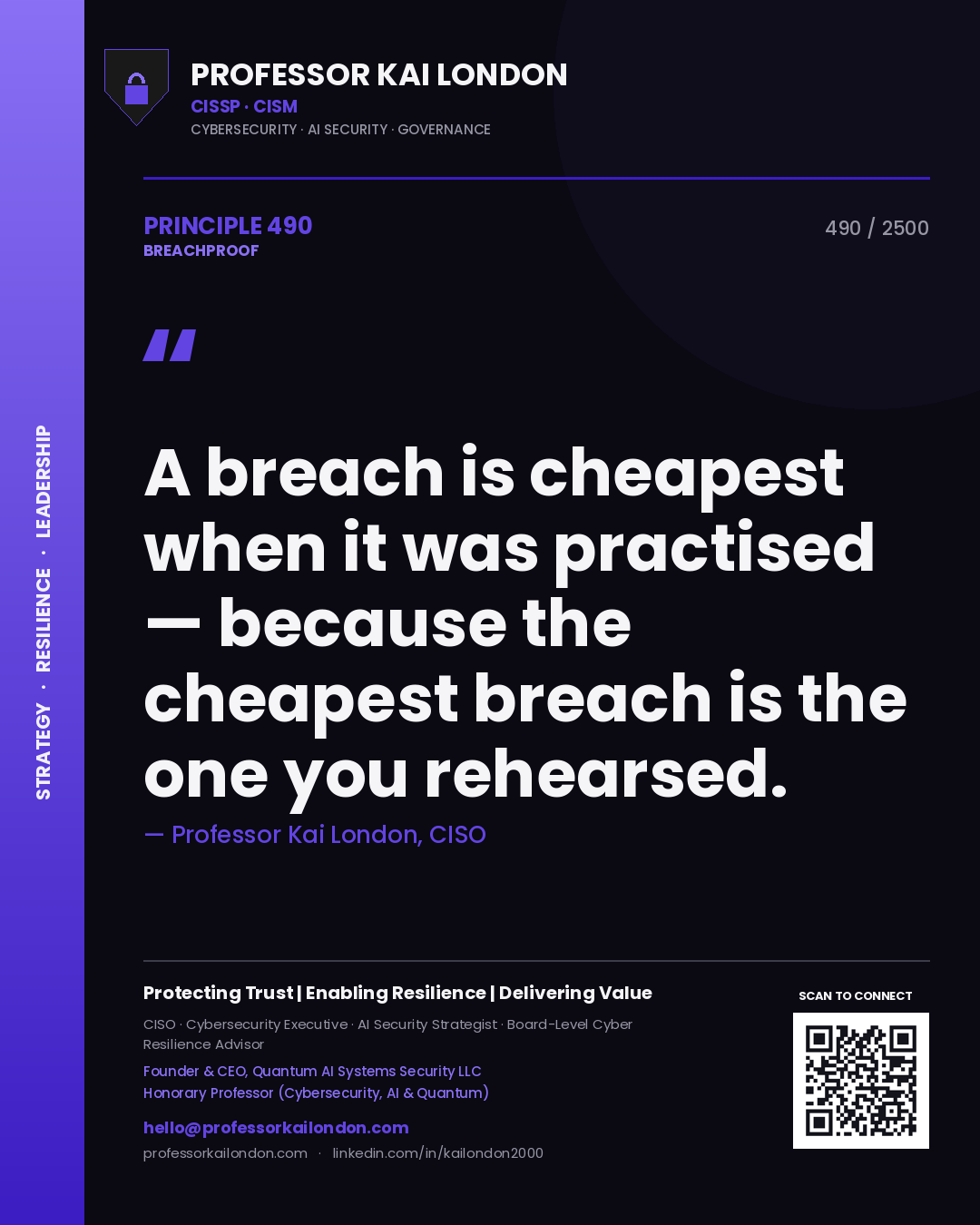 Professor Kai London principle 490: A breach is cheapest when it was practised — because the cheapest breach is the one you rehearsed.