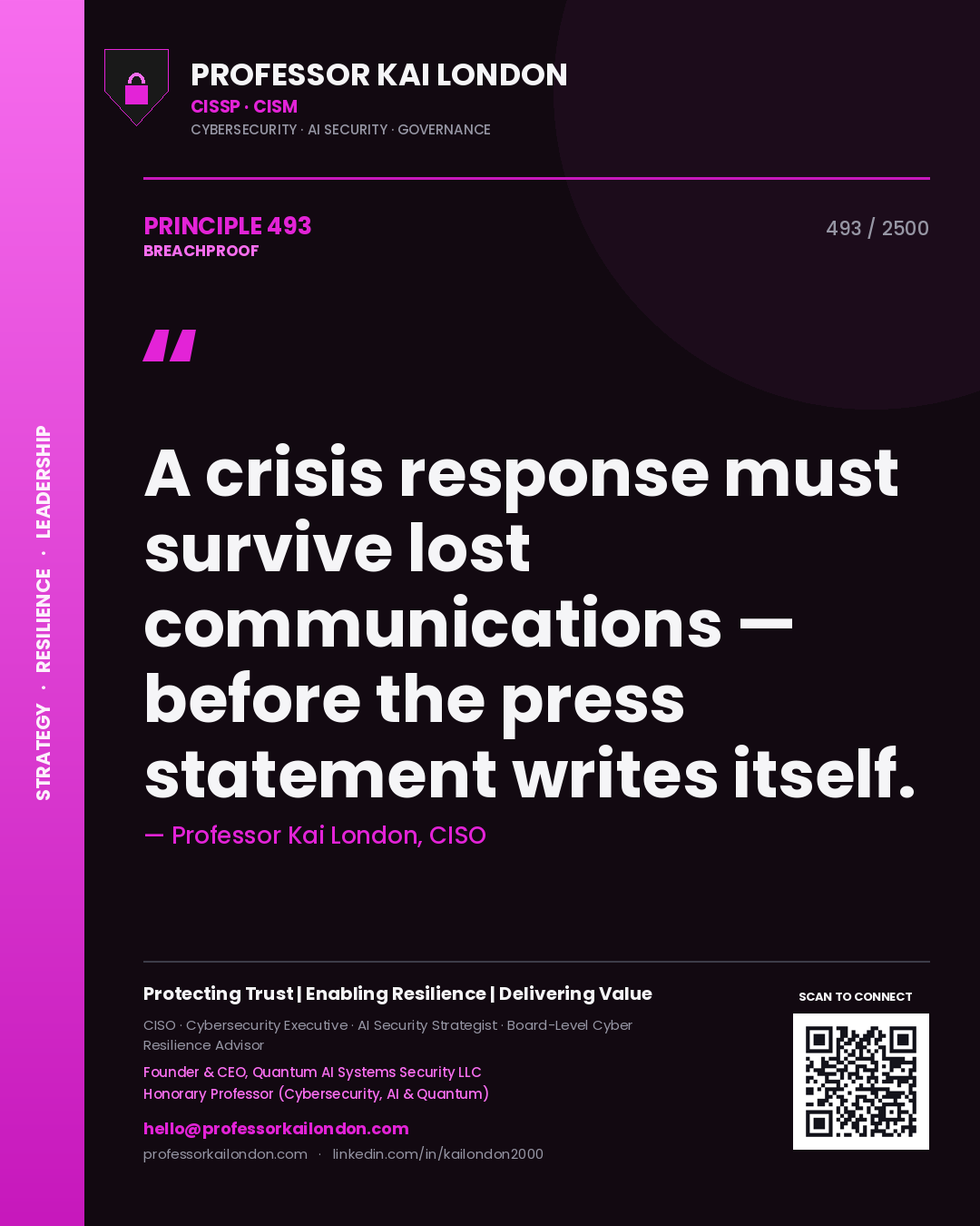 Professor Kai London principle 493: A crisis response must survive lost communications — before the press statement writes itself.